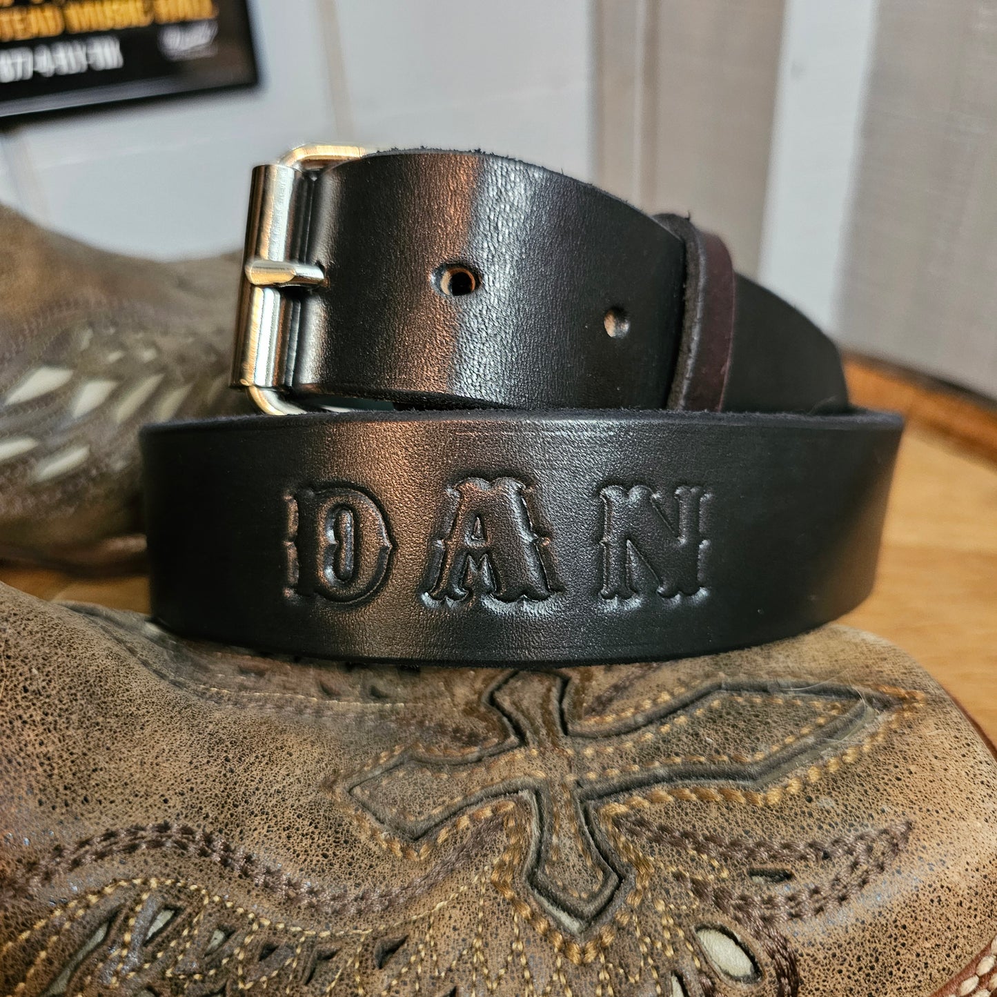 Belt: Amish made CUSTOM STAMPED Leather Belt