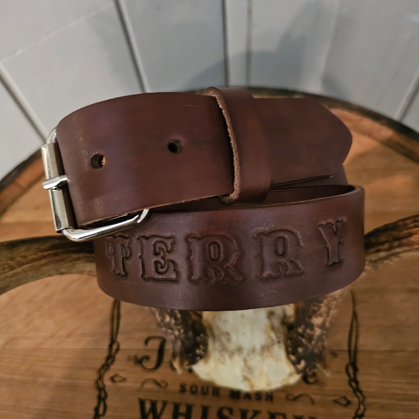 Belt: Amish made CUSTOM STAMPED Leather Belt