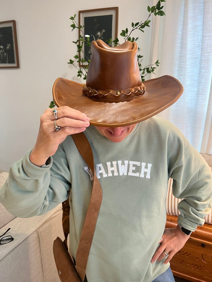 Leather Hat:  Handcrafted by our favorite Amish Artisan